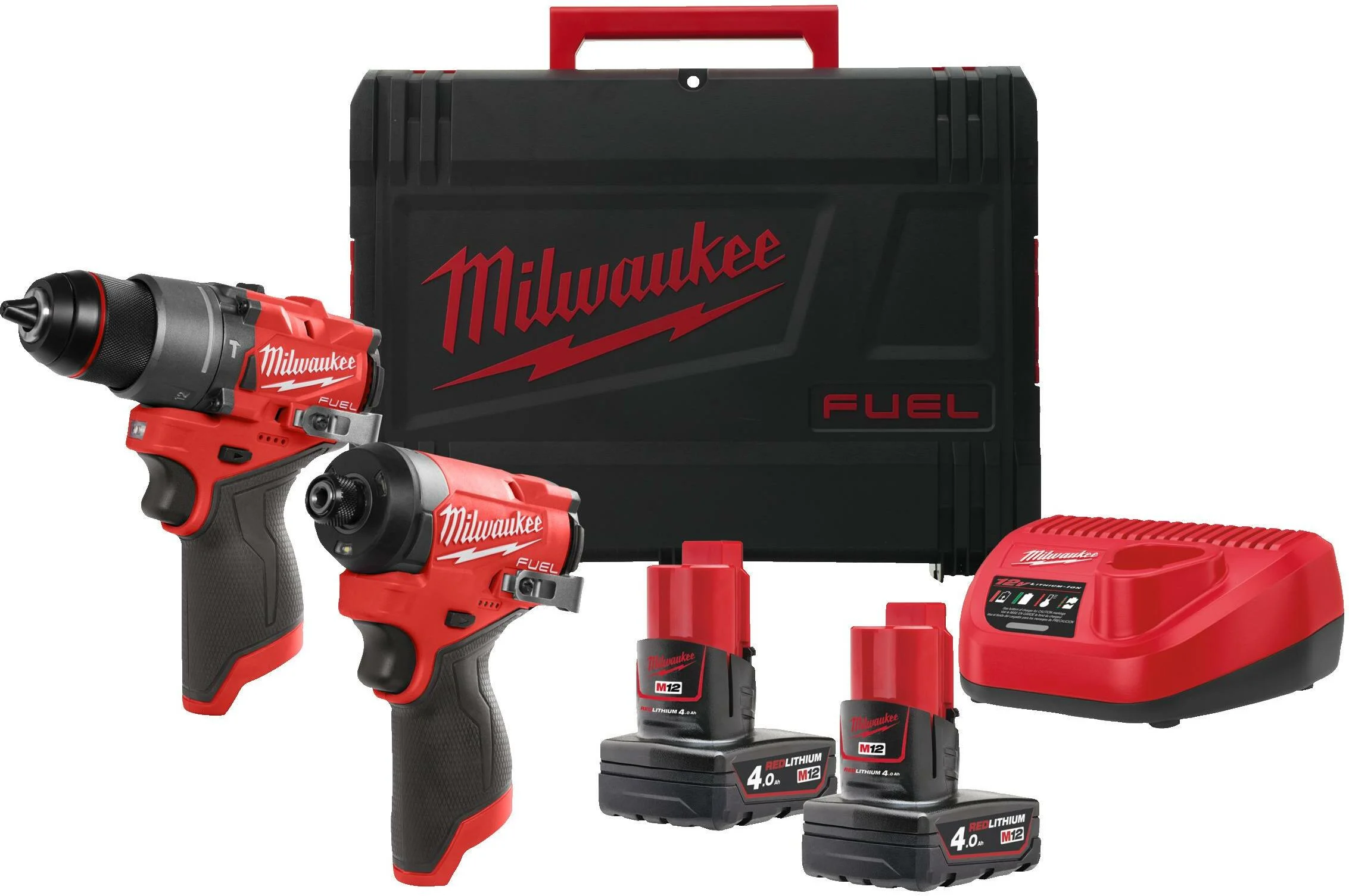 Milwaukee M12 FPP2A2-402X Set: trapano percussivo FPD2 e avvitatore a percussione FID2 con 2 batterie 12 V 4 Ah, caricatore e custodia HD Box