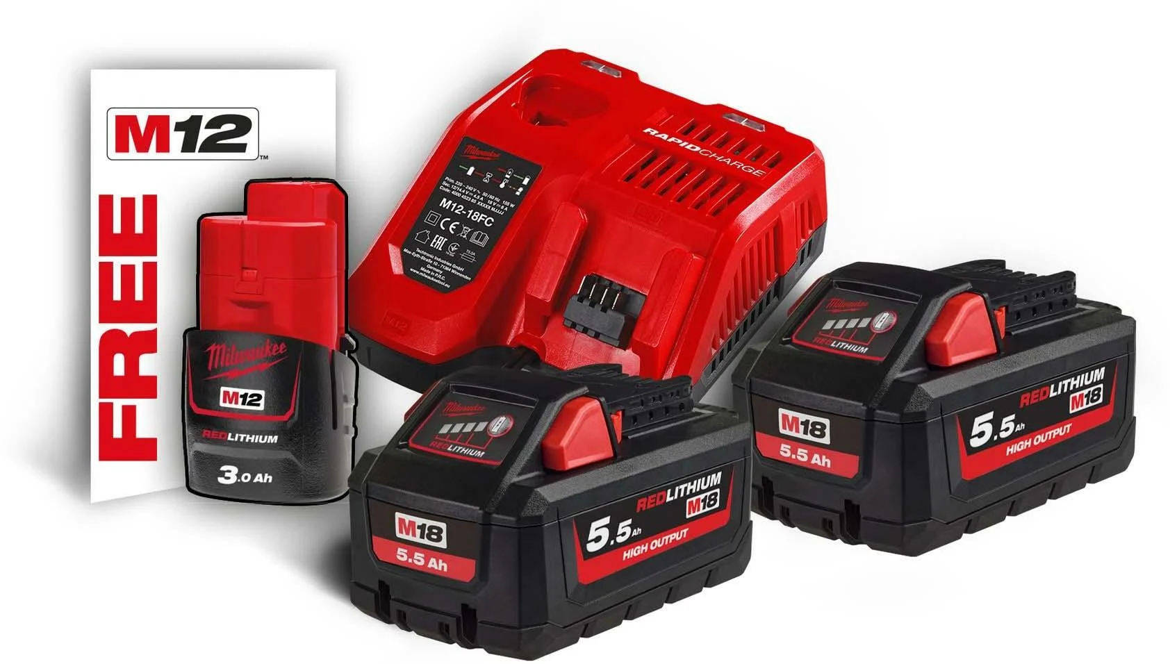 Milwaukee M18 HNRG-552 kit di ricarica batteria (2 × 18 V 5,5 Ah + 1 × 12 V 3 Ah + caricatore rapido M12‑18 FC)